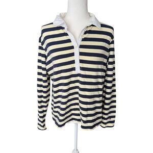 Y2K Tommy Hilfiger Cream & Navy Striped Long-Sleeve Polo XL